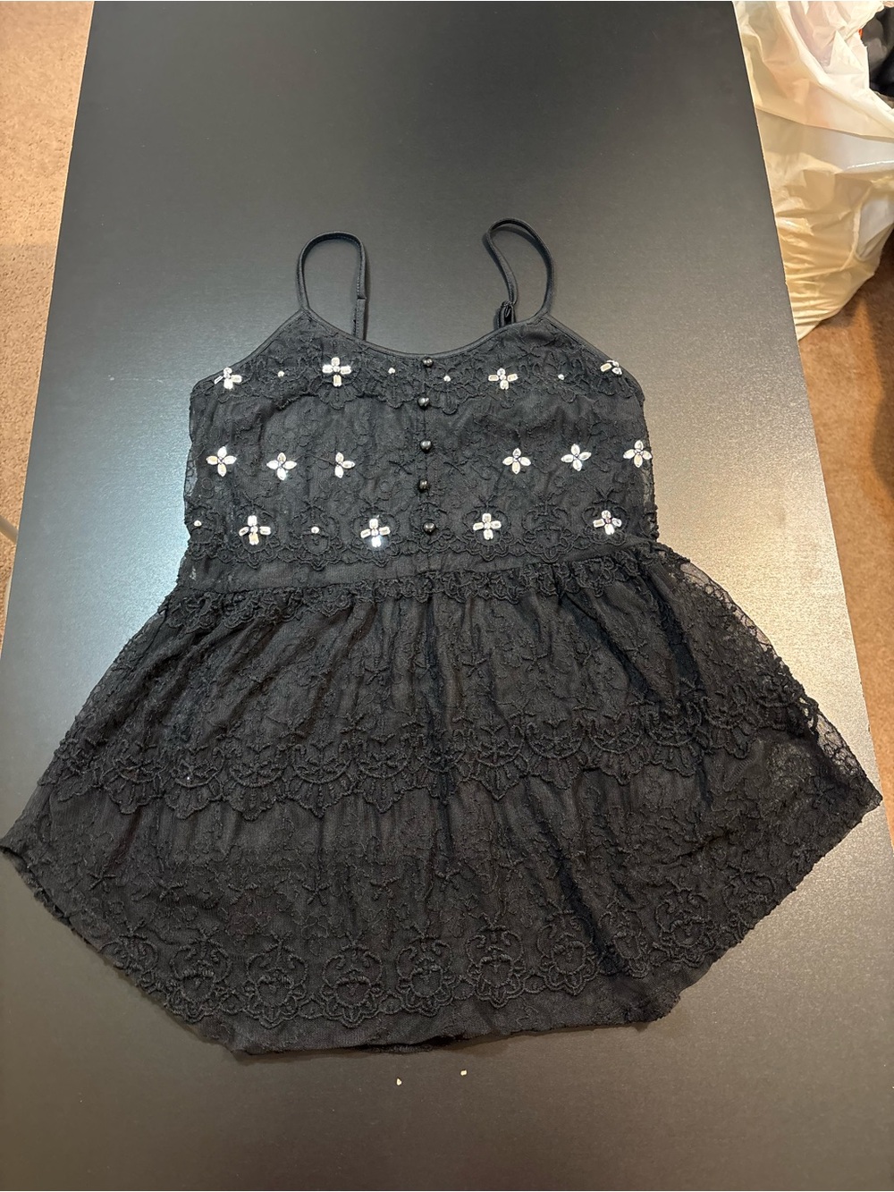 Vintage Y2K Candie’s Black Lace Rhinestone Babydoll Cami Top S
